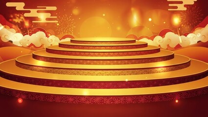 A golden and red stage with a festive background, featuring clouds and fireworks.
