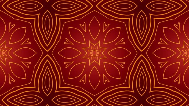 Abstract neon red kaleidoscope geometric lines pattern loop animation. seamless damask pattern.