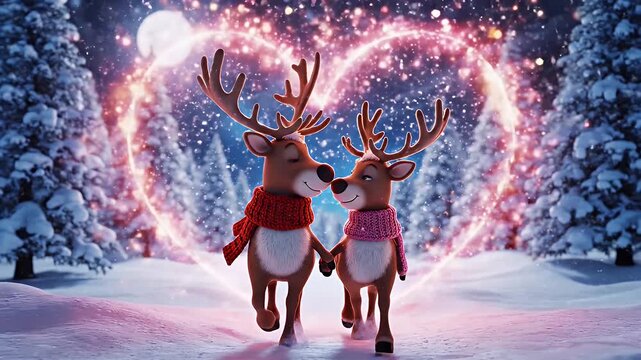 Cartoon Reindeer Couple in Winter Wonderland - Two cartoon reindeer wearing scarves hold hands in a snowy forest. A glowing heart shape surrounds them, and a full moon shines in the background.