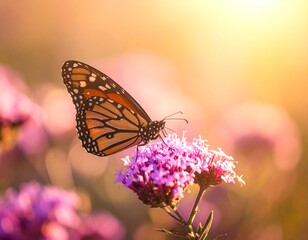 Obraz premium A monarch butterfly perches on a cluster of pink flowers