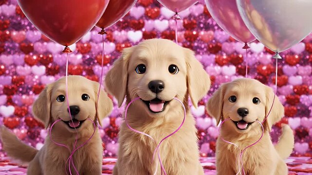 Puppy Love Valentine's Day - Three cute golden retriever puppies pose with heart-shaped balloon strings on a Valentine's Day background.