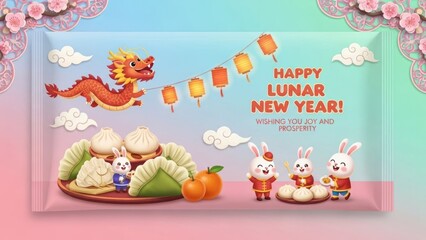 Chinese New Year celebration with dragon, lanterns, and traditional food.