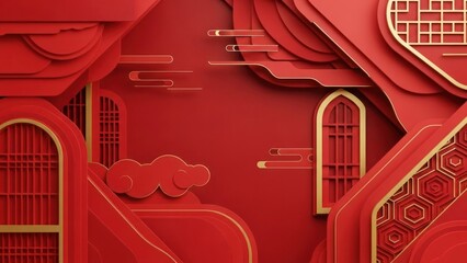 Chinese traditional architecture with red and gold elements, featuring windows, clouds, and geometric patterns.