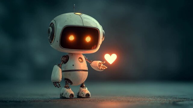 Cute robot holding glowing heart in hand with orange eyes