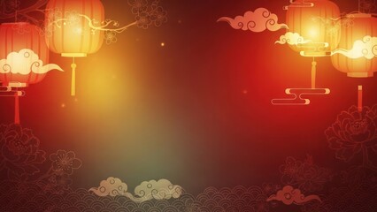 Chinese lanterns against a red and gold background with floral patterns and clouds.
