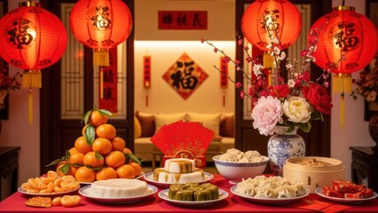 A festive table set with traditional Chinese New Year decorations and food, including oranges, cakes, and dumplings.