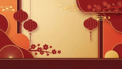Chinese lanterns and flowers on a red and gold background.