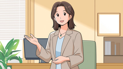 オフィス会議　プレゼン中の女性　仕事風景　ビジネス人物イラスト　説明するシーン　提案する女性　日本アニメ風　働く女性　ミーティング　ビジネス活用　教育現場　リモートワーク素材