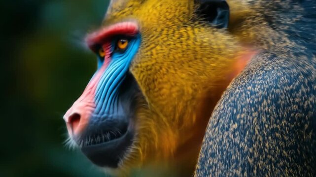 Close up portrait of a colorful mandrill in natural habitat
