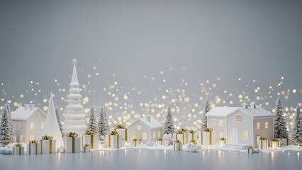A serene winter landscape with snow-covered houses, a Christmas tree, and glowing lights, set against a gray background.