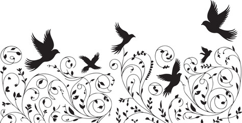 Obraz premium Black birds flying over ornate floral pattern background