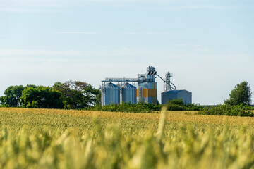 View of grain silos and fields under clear sky in rural area during daytime © Роман Булатов
