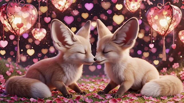 Two Fennec Foxes in Love - A charming illustration shows two Fennec foxes, with their eyes closed, touching noses tenderly on a bed of pink flower petals.