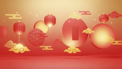 Chinese New Year decorations with red lanterns and clouds on a gold background.