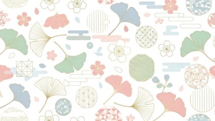 A colorful Japanese pattern with ginkgo leaves, flowers, and geometric shapes on a white background.