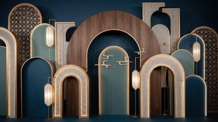 A luxurious, modern interior design with intricate arches, wooden elements, and a dark blue background.