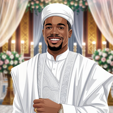 Smiling man in traditional white agbada and fila at a festive indoor event