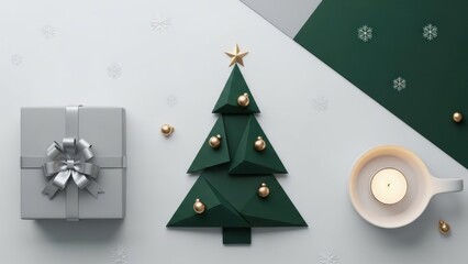 A green and white Christmas tree with gold ornaments and a candle on a white and green background with snowflakes.