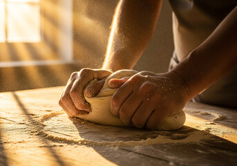 Hands kneading soft dough with flying flour dust baking warmth concept.