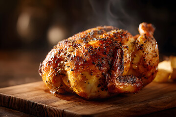 Juicy roasted chicken on a wooden board with steam rising in a cozy kitchen setting