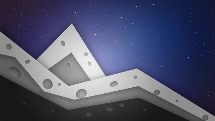 A white, geometric, abstract design with a starry, dark blue background.