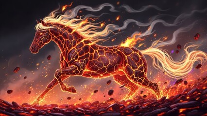 A fiery, giraffe-like creature with long, flowing hair and a fiery mane, running through a rocky, fiery landscape with a dark, fiery background.