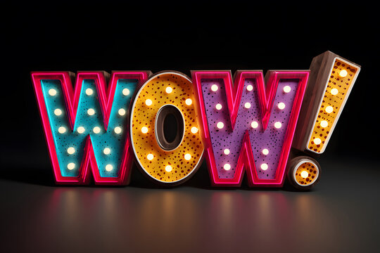 Colorful illuminated letters spell out wow on a dark background, showcasing a fun and vibrant design