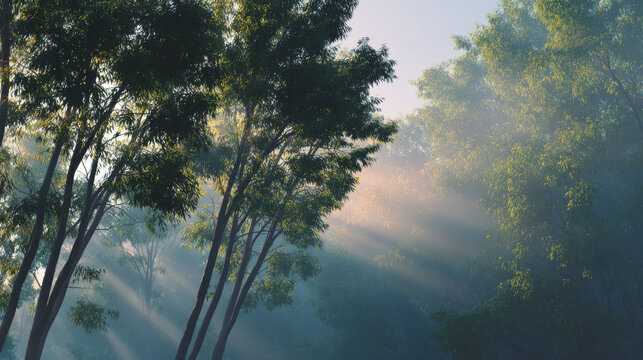 Misty trees with sun rays breaking through fog in tranquil forest morning scene - Powered by Adobe