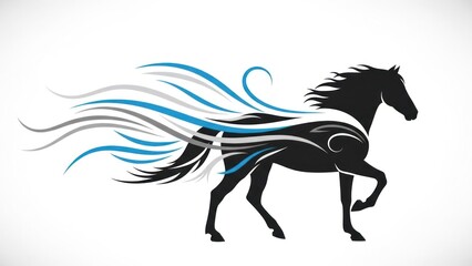 A black and white illustration of a horse with flowing blue and gray waves around it.