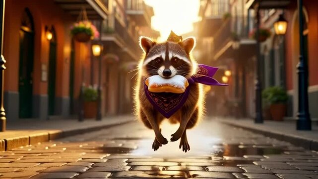 Playful raccoon running on a historic New Orleans street carrying a beignet for a Mardi Gras celebration concept and culinary adventure