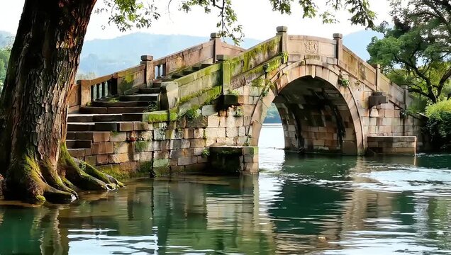 Ancient Stone Arch Bridge Over Serene Water with Lush Greenery and Tree Roots.
