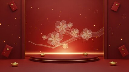 A red and gold Chinese New Year stage with a floral design and gold ingots.