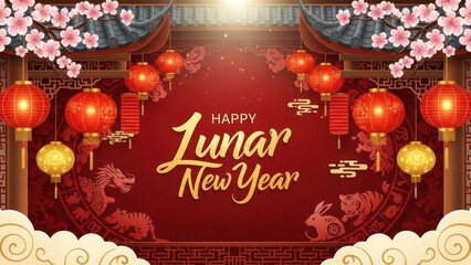 Chinese New Year decorations with red lanterns and dragon patterns on a red background.