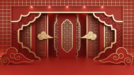 A red and gold Chinese wedding arch with intricate designs and red and gold clouds on a red background.