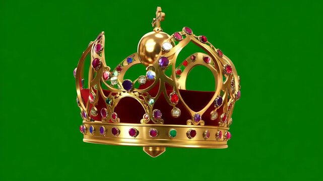 Golden Crown Spinning and Rotating on Green Screen Background Isolated Royal Motion Animation