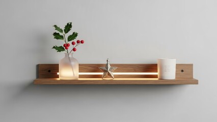A wooden shelf with a lit candle and a small plant on it.