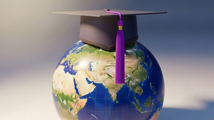 Graduation cap on globe symbolizes global education and academic achievement.