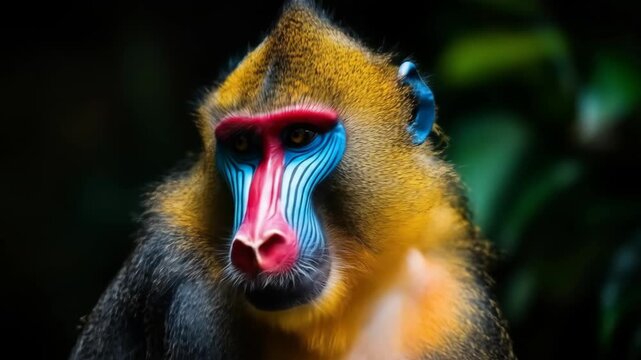 Close up portrait of colorful mandrill monkey in natural environment