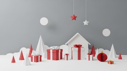 A white house with red and white gift boxes and decorations on a gray background.