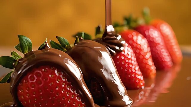 Fresh strawberries being dipped in rich chocolate sauce in a close-up view
