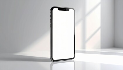Smartphone Mockup: Sleek and modern smartphone is showcased in a minimalist setting. bathed in the soft glow of natural light, it is the perfect template for any app or website design.