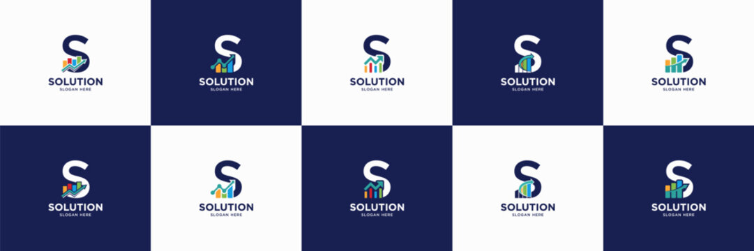set of accounting logo design. usable for financial, marketing, investment, insurance identity icon. letter S with statistic bar icon.
