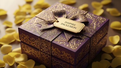 Elegant purple gift box with 'Inspire Inclusion' tag, surrounded by yellow petals, symbolizing unity.