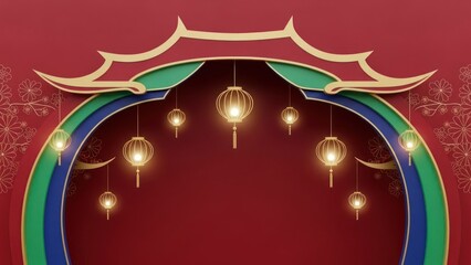 Chinese lanterns hanging from a traditional arch with a red background.