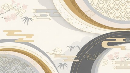 Two circular, gray and gold patterns with floral and wave designs, set against a white background.