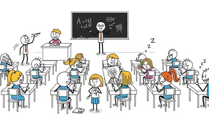 Cartoon classroom scene with teacher and students, learning and fun