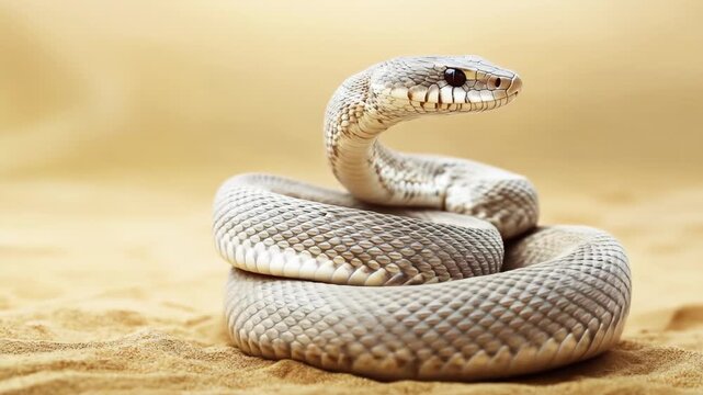 Coiled snake portrait on sand with detailed texture and eye