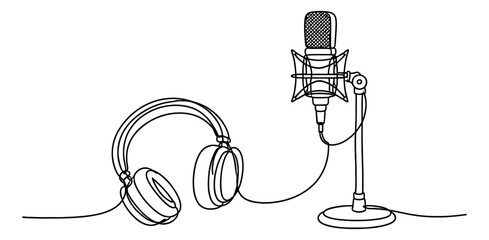 Line art illustration of a studio microphone and headphones depicting modern audio recording equipment for podcasting