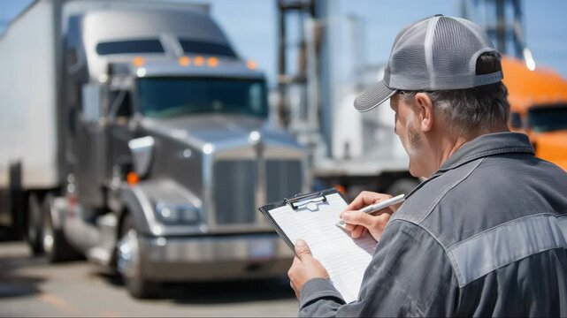 Truck driver performing pre trip inspection with clipboard