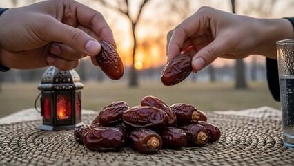 Hands holding sweet dates with a lantern and glass of water at sunset, symbolizing ramadan breaking fast